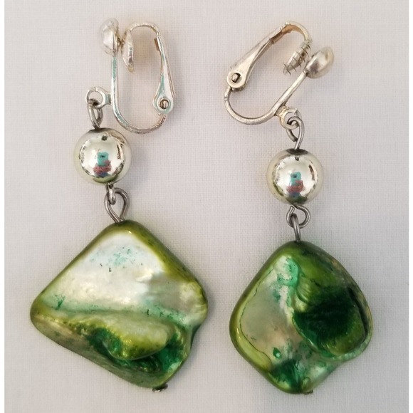 Iridescent Green & Yellow with Silver 28" Necklace and Clip-on Earrings Set - Picture 2 of 4